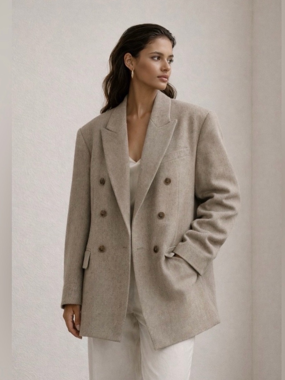 H&M Double-Breasted Women's Oversized Blazer Jacket - Taupe